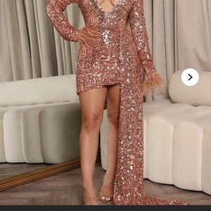 Fashion Nova Rose Gold Sequin Asymmetrical Mini Dress with Feather Cuff